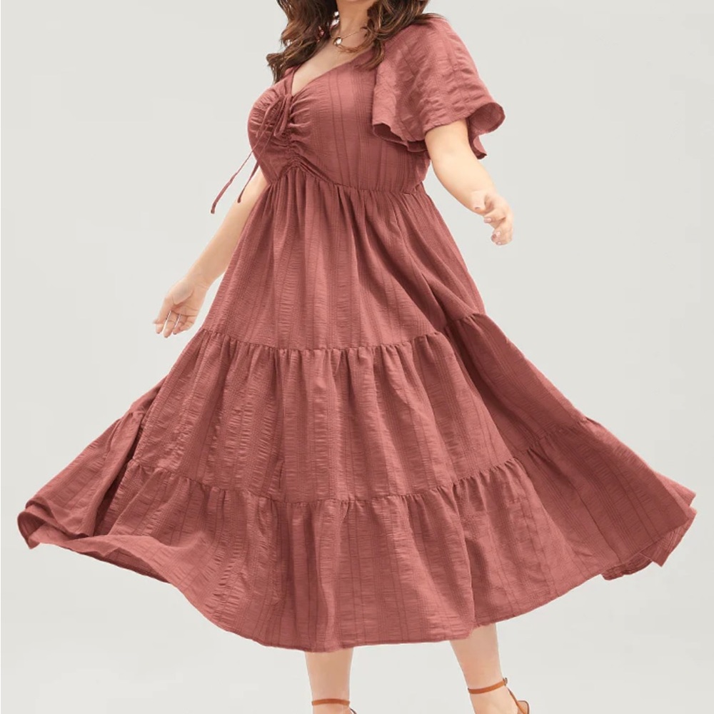 Plain Ruched Drawstring Pocket Ruffle Tiered Dress - Picture 3 of 7